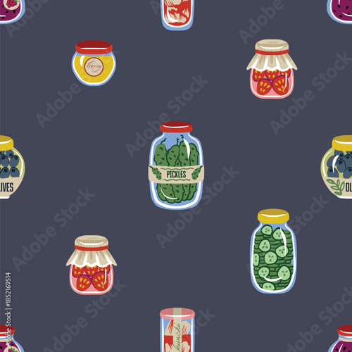 Cute food jar seamless vector pattern with pickles olives honey jam preserves