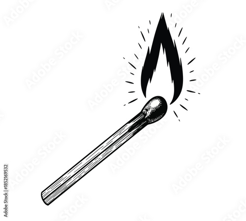 A single lit match with a flickering flame presented in a vintage etching style