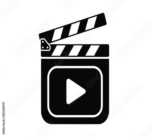 A black and white illustration of a film clapperboard with a play button inside