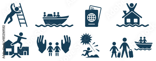 refugee people war escape icon set