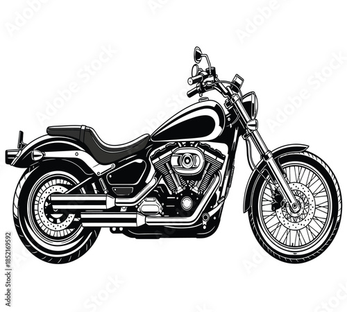 Detailed illustration of a classic motorcycle with prominent features and a sleek black and white design