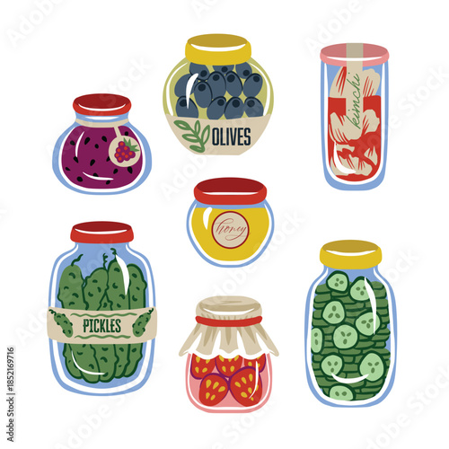 Cute food jar isolated vector pattern with pickles olives honey jam preserves