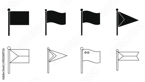 A collection of simple black and white flag icons in various orientations