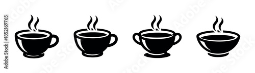 Coffee cup collection, hot beverage icons, steaming mugs, flat vector illustration