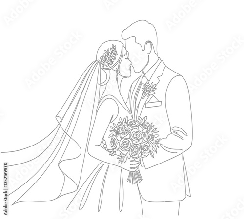 A romantic line drawing depicts a bride and groom sharing a tender kiss during their wedding