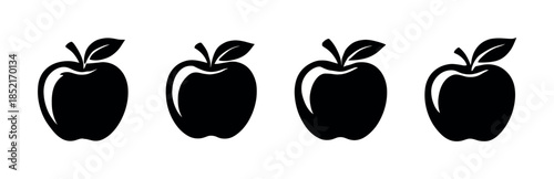 Apple icons, healthy fruit designs, flat vector illustration in black silhouettes