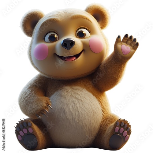 3D cute teddy bear waving hand, brown baby bear character with pink cheeks isolated on white background
