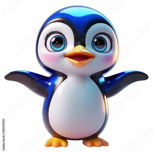 3D cute penguin character with open wings, happy blue baby penguin isolated on white background
