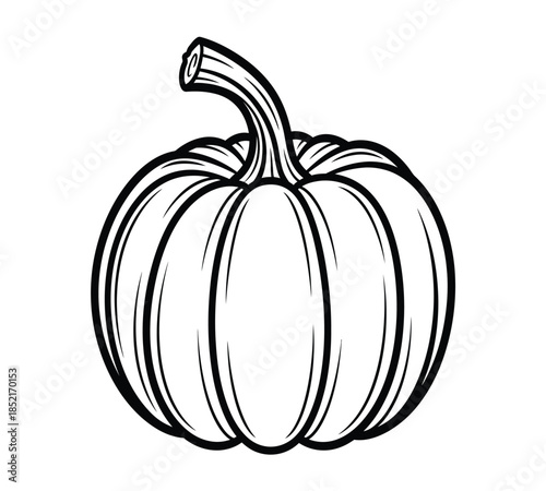 A detailed black and white illustration of a single pumpkin with a curved stem