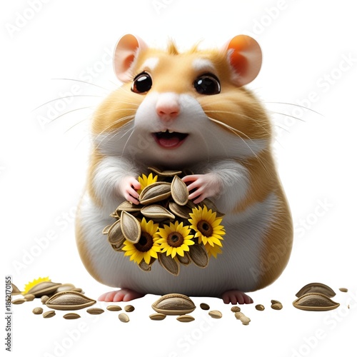 3D cute hamster character holding sunflower seeds, happy golden hamster isolated on white background