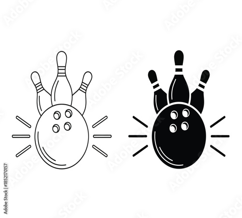 Bowling pins and ball in outline and filled styles representing the sport