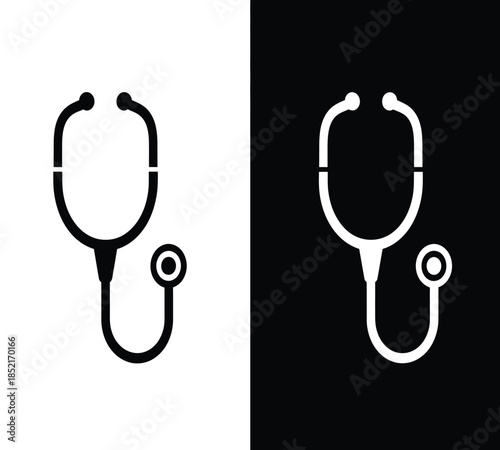 Dual stethoscope icons displayed on contrasting black and white backgrounds symbolizing healthcare