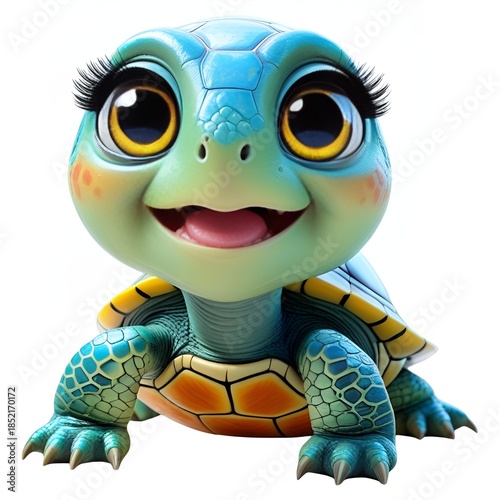 3D cute turtle character with big eyes, happy baby sea turtle mascot isolated on white background