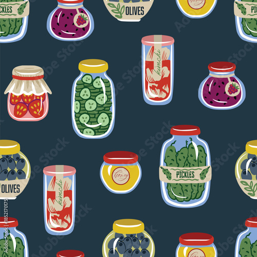Cute food jar seamless vector pattern with pickles olives honey jam preserves