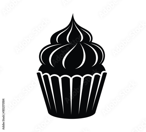 A simple black and white illustration of a delicious frosted cupcake with a paper liner