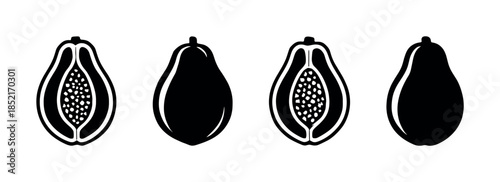 Papaya fruit set, whole and sliced, flat vector illustration, healthy tropical design