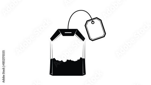Simple black and white illustration of a tea bag with a tag attached