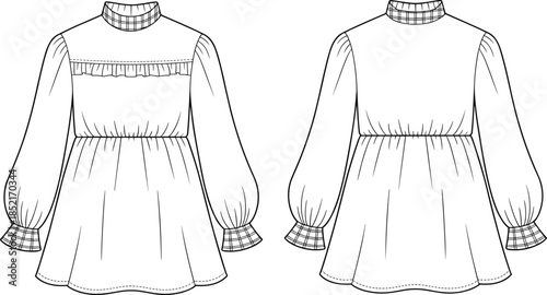 Fashion illustration, technical sketch, dress design, puff sleeves, ruffle neckline, garment construction, sewing pattern, couture silhouette, front back view, textile concept, designer apparel, 