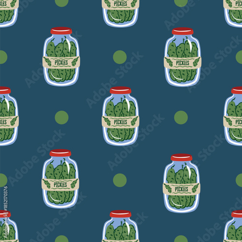 Pickles jar seamless vector pattern with cute cucumbers dots minimal kitchen design