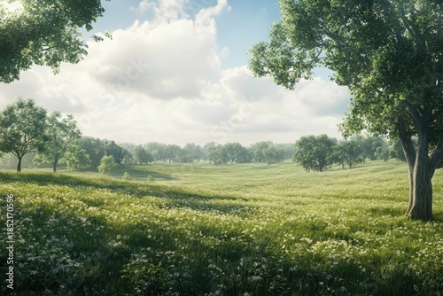 Lush green meadow under a bright sky with fluffy clouds in the afternoon light