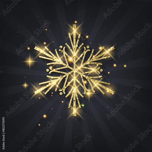 Luxury Golden Snowflake with Glitter texture and shining sparks on dark background