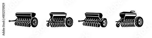 Agricultural equipment set, seed drill, plow, flat vector illustration