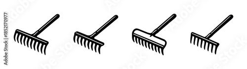 Garden rake collection, flat vector illustration, tools, agriculture, gardening