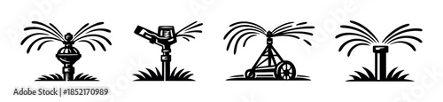 Irrigation sprinkler set, water spray designs, flat vector illustration