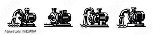 Water pump designs, flat vector illustration with hydraulic, mechanical styles