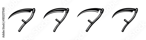 Scythe collection, flat vector illustration, agricultural tools, black and white