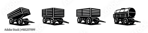 Farm trailers and wagons, flat vector illustration, silhouette, black and white, vintage