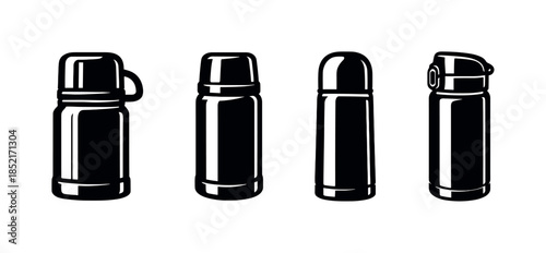Thermos bottle set, flat vector illustration, flask, insulated container, silhouette art