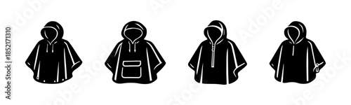 Raincoat types, ponchos, hoods, flat vector illustration