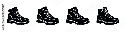 Hiking boots collection, black, white, flat vector illustration of outdoor footwear