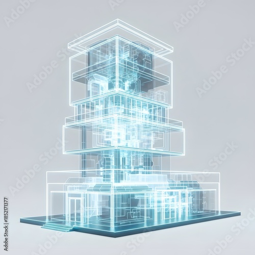 Holographic Wireframe Skyscraper Digital Architecture Engineering Concept