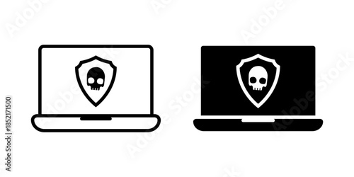 Cyber Shield Alert icon set. A simple and flat style icon illustration featuring a laptop with a security shield, symbolizing warning or danger. vector illustration on white background.