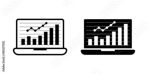 Data Monitor icon set. illustration of a laptop computer displaying a bar graph trending upwards, representing business growth and financial report. vector illustration on white background.