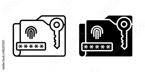 Data Vault icon set. A minimalistic illustration of a protected folder with a key and password. This icon is suitable for security, encryption, and data protection concepts.