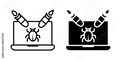 DDoS Attack icon set. Laptop with Bug and missile Attack Icon. representing software vulnerability and hacking. vector illustration on white background.