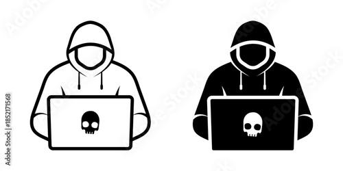 Hacker icon set. A simple vector illustration of a hacker in a hoodie using a laptop with a skull symbol on the screen. vector illustration on white background.