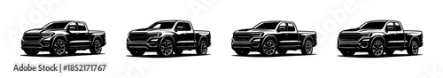 Pickup trucks set, flat vector illustration, silhouette designs, vehicle collection