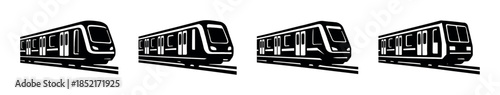 Modern train collection, flat vector illustration, black and white rail transport