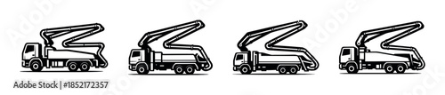 Concrete pumps set, flat vector illustration, heavy equipment, industrial drills