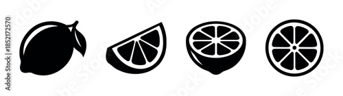 Citrus fruit collection, lemon slices and halves, flat vector illustration
