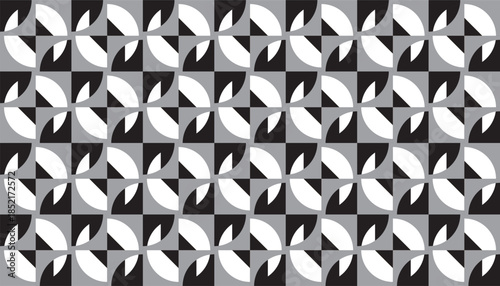 Seamless black and white geometric pattern with repeating circular and square shapes, Abstract monochrome pattern with rotating half-circle shapes