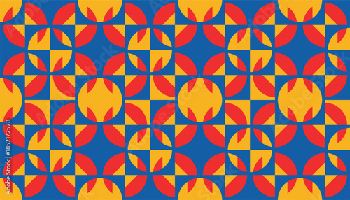 Seamless geometric pattern with repeating circular pinwheel shapes in vibrant contrasting colors. Abstract pinwheel-style geometric repeat background