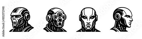 Robotic heads, cyborg technology, sci-fi characters, flat vector illustration