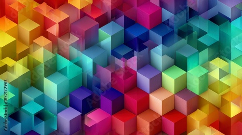 A vibrant abstract composition featuring numerous three-dimensional cubes in a spectrum of vivid colors, creating an intricate pattern