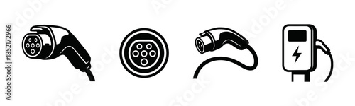 EV charging elements collection, charger, charging plugs, flat vector illustration