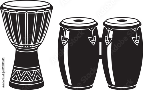 Musical Rhythms: Silhouette of a traditional Djembe drum and pair of conga drums. Each instrument exudes a unique character, harmonizing a rhythm.